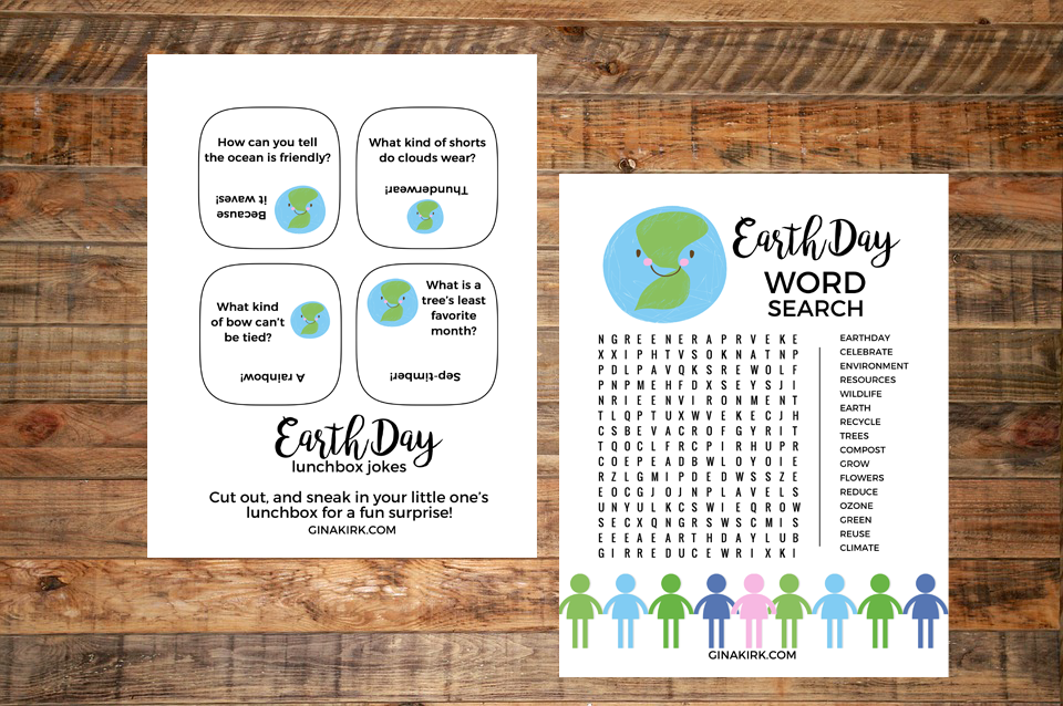 Free Earth Day printables | Earth Day lunchbox jokes | Earth Day word search | Earth day ideas for kids | GinaKirk.com @ginaekirk