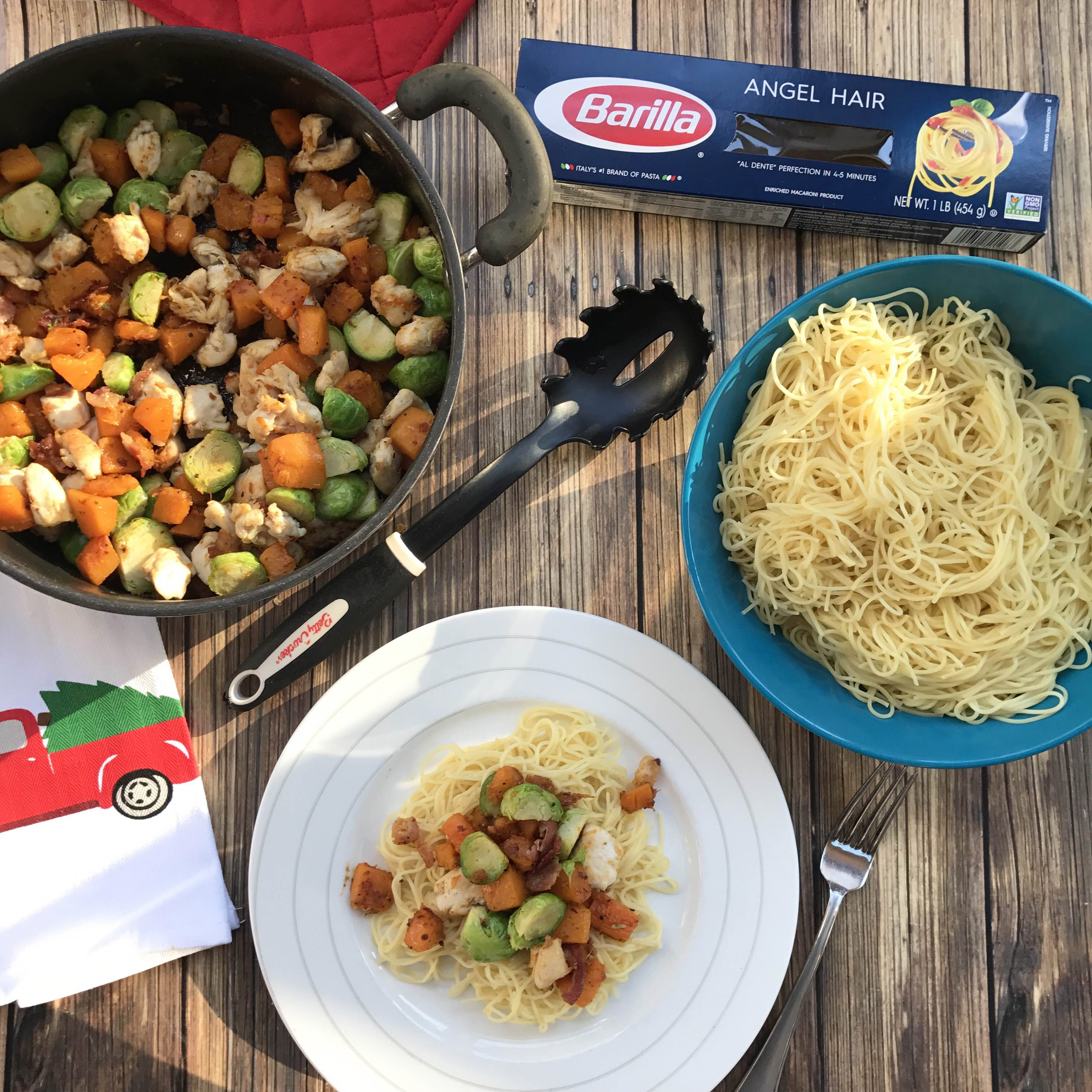 Maple butternut squash and chicken pasta | Angel hair with squash and brussels sprouts | Brussels sprouts and squash over pasta | Easy winter pasta recipes | GinaKirk.com @ginaekirk